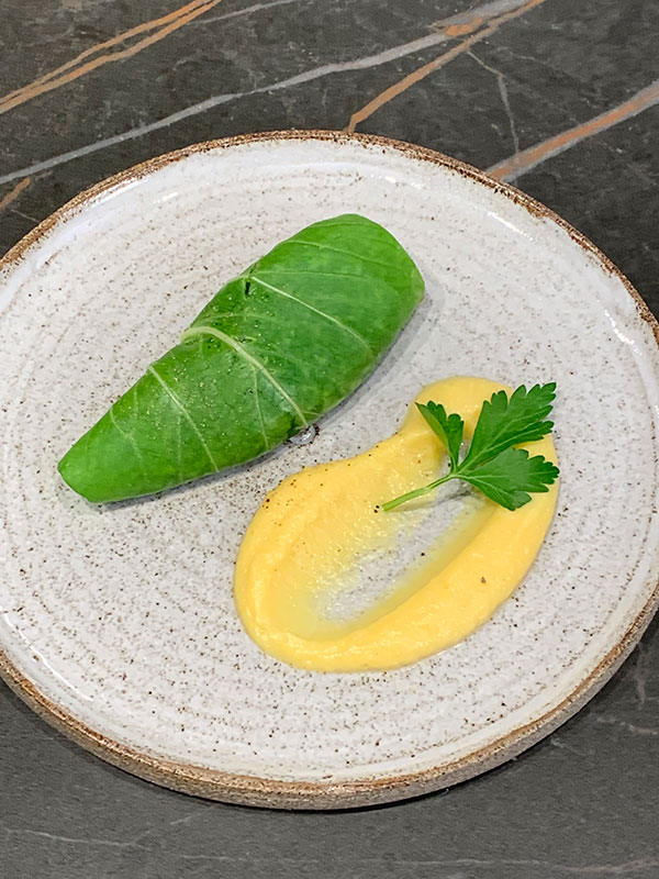 Soy shoot tartare, roll of pak choi with parsley root