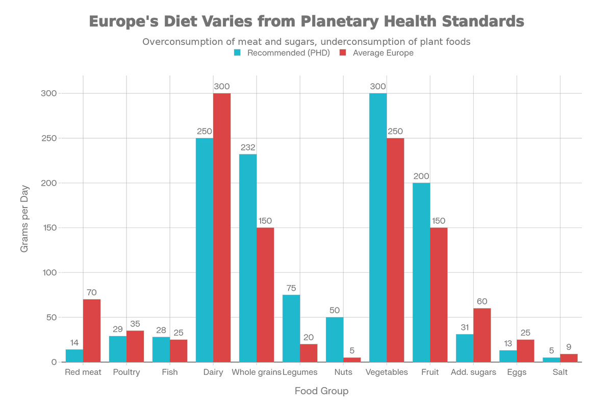More grains, legumes and vegetables. Less meat and fish