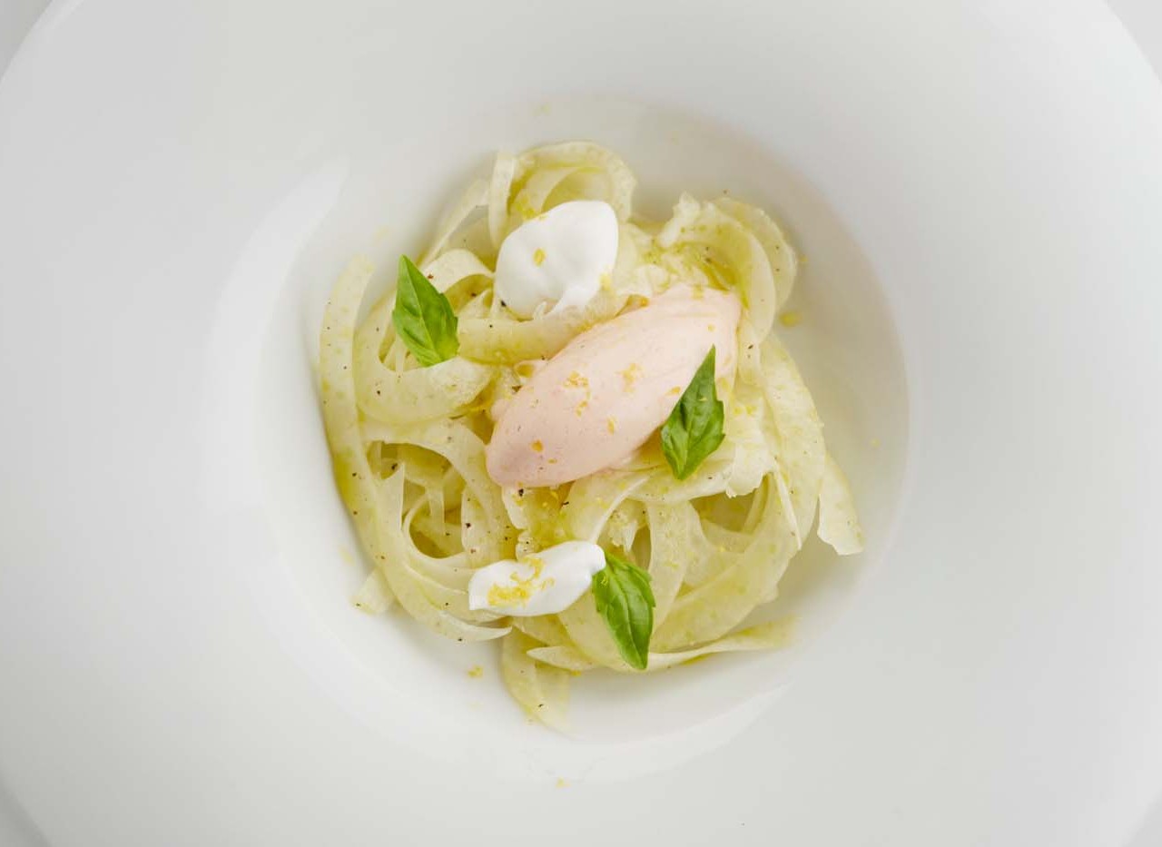 Fennel Carpaccio with Lemon and Olive Oil, served with Tomato-Mozzarella-Basil Ice Cream