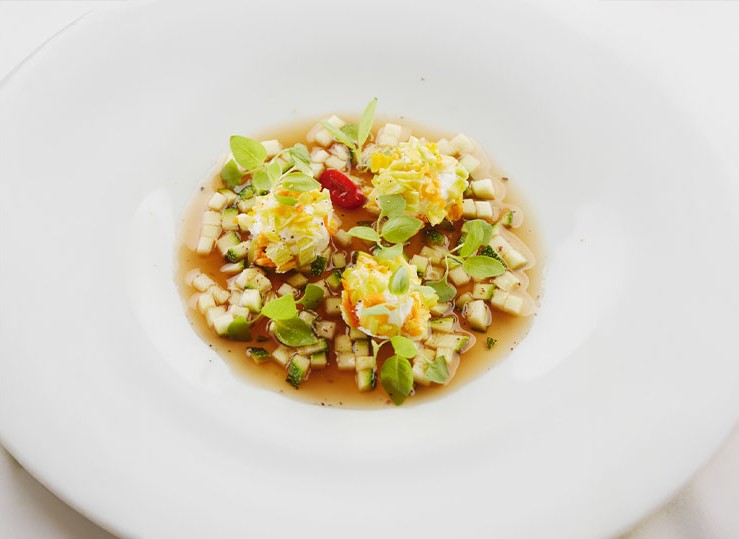 Bouillon with soy sauce, kaffir, and chili