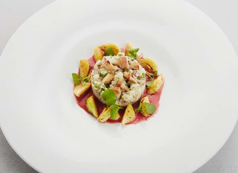 Stir-fried Brussels sprouts, mashed potatoes with watercress, pan-fried venison mince and roasted chestnuts