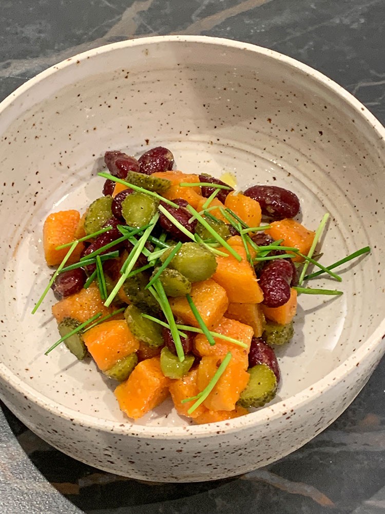 Kidney bean salad, pickled gherkin, sweet potato, chives