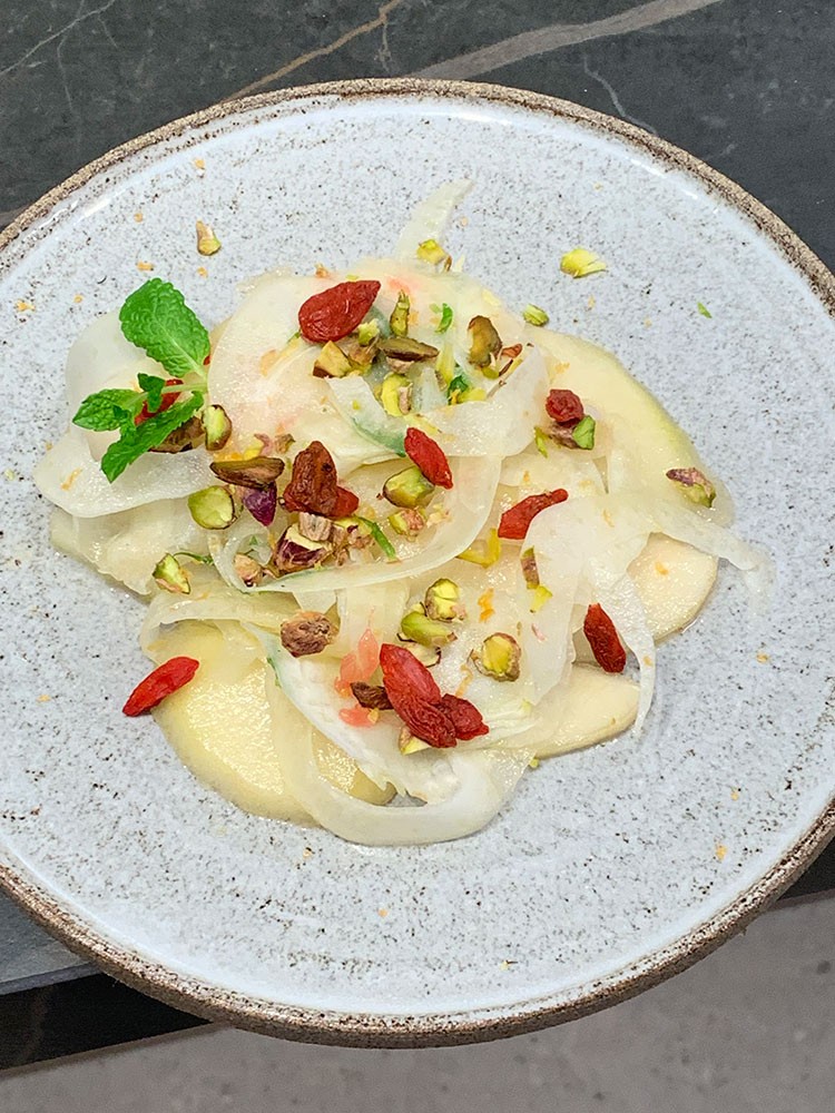 Pear-fennel carpaccio, grapefruit, pistachio, goji berry & mint