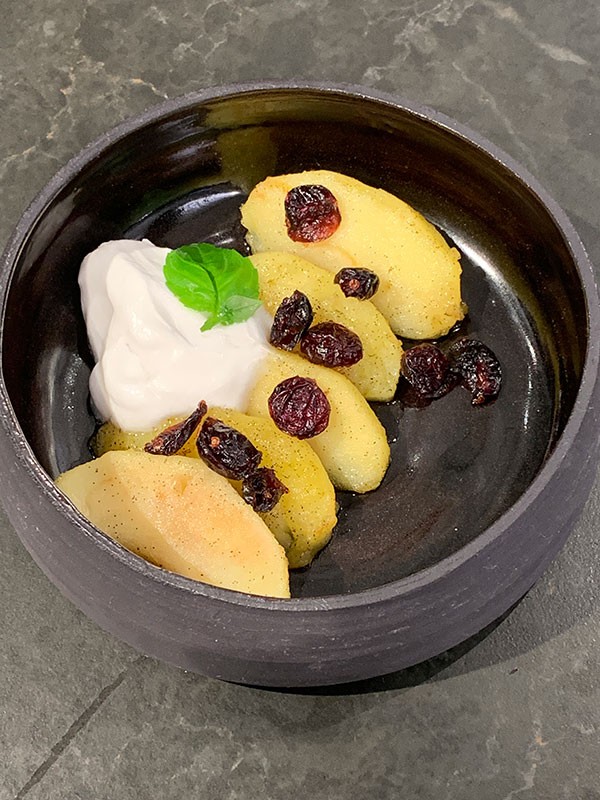 Baked apples, vanilla, coconut yoghurt, dried cranberries