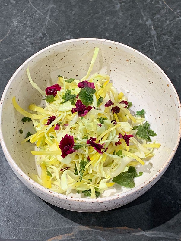 Oxheart cabbage- yellow beetroot salad, minneola, flowers, sage chips