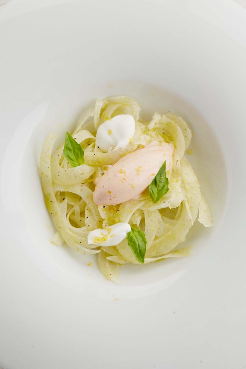 Fennel Carpaccio with Lemon and Olive Oil, served with Tomato-Mozzarella-Basil Ice Cream