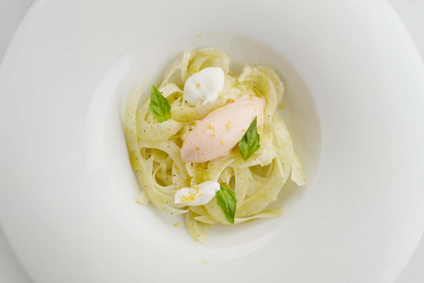 Fennel Carpaccio with Lemon and Olive Oil, served with Tomato-Mozzarella-Basil Ice Cream