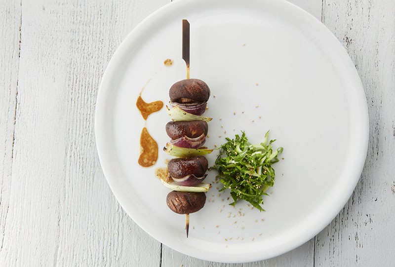 Skewer of Chestnut Mushrooms, Red Onion, and Pak Choi with Soy-Yuzu Dressing