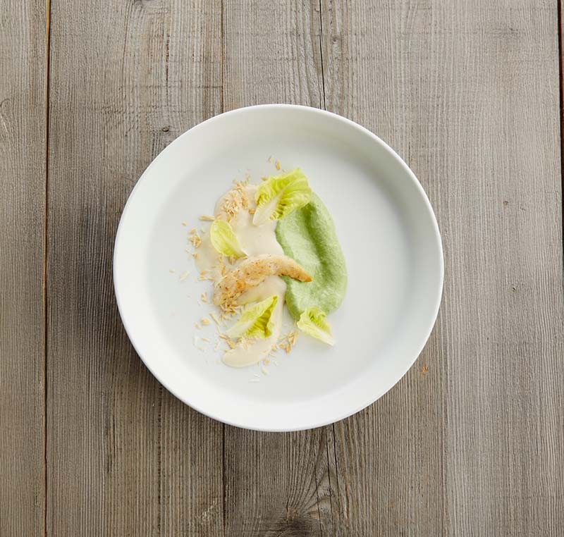Lettuce Mousse with Almond Soup and Pan-Seared Chicken Tenderloins