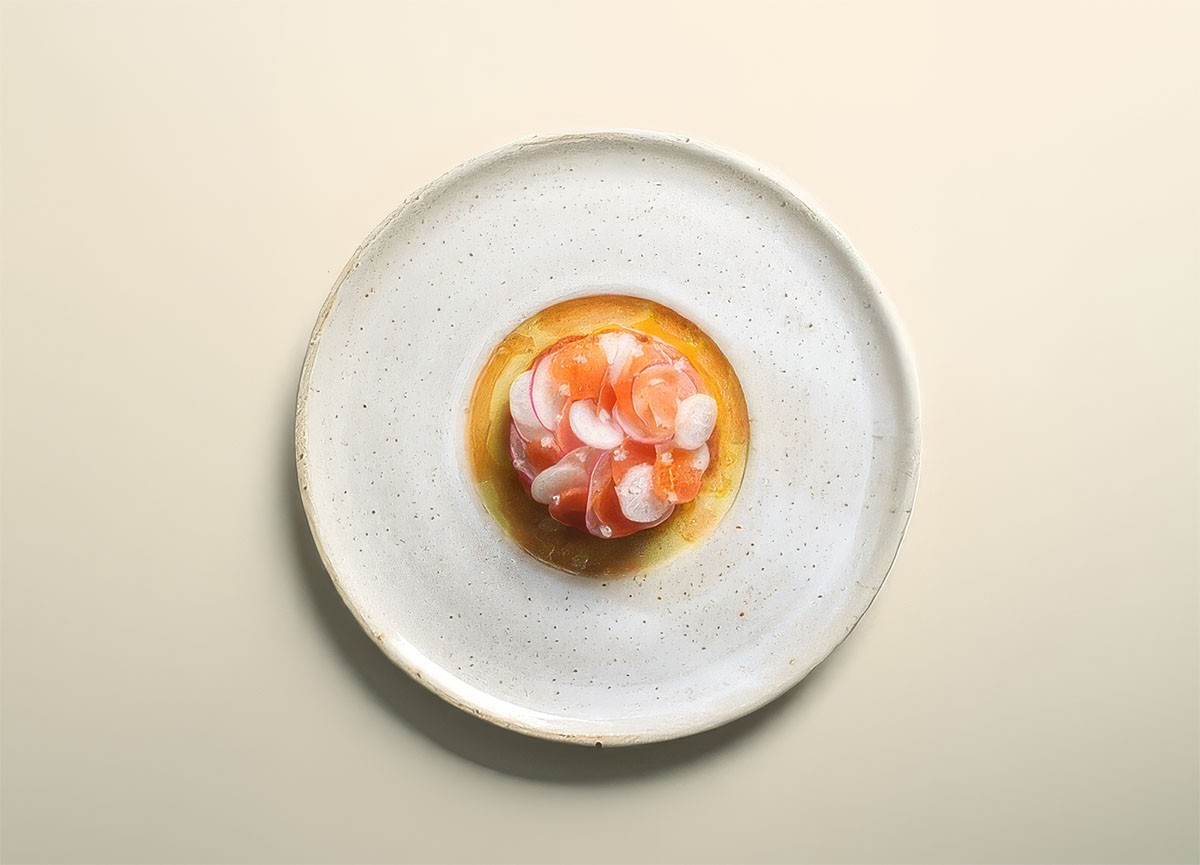 Tartare of gently dried pink beetroot with radish kimchi and a smoked emulsion.