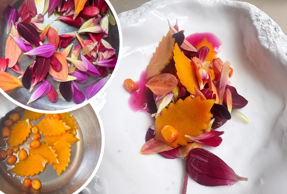 Sweet dumpling pumpkin, sea buckthorn berries, tagetes, myoga, lyokan.
