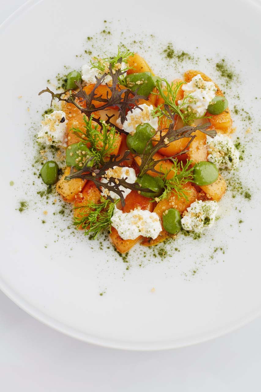 Pan-fried melon with cottage cheese, puffed quinoa and mustard-matcha vinaigrette