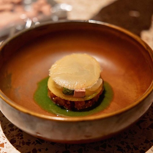 Starter: Roasted rutabaga | lovage vinaigrette | preserved figs | Marloeskes | chicken liver pâté