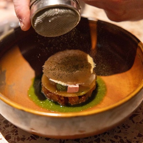 Starter: Roasted rutabaga | lovage vinaigrette | preserved figs | Marloeskes | chicken liver pâté