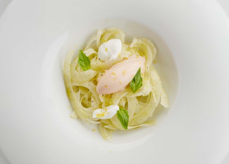 Fennel Carpaccio with Lemon and Olive Oil, served with Tomato-Mozzarella-Basil Ice Cream