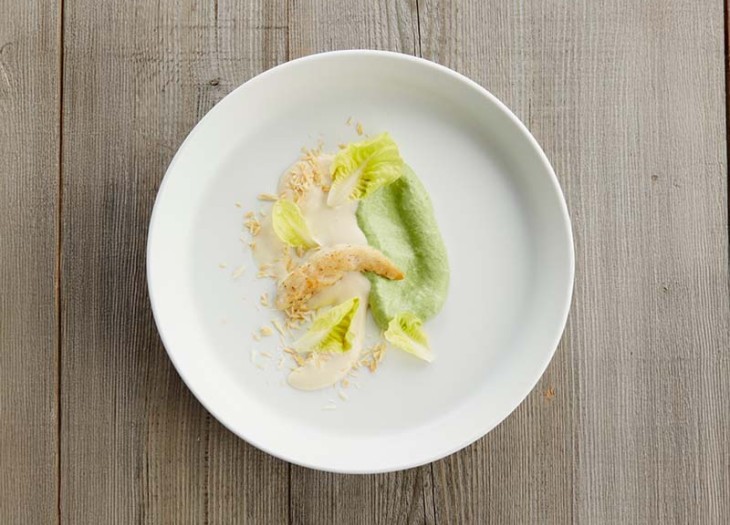 Lettuce Mousse with Almond Soup and Pan-Seared Chicken Tenderloins