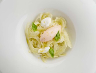 Fennel Carpaccio with Lemon and Olive Oil, served with Tomato-Mozzarella-Basil Ice Cream