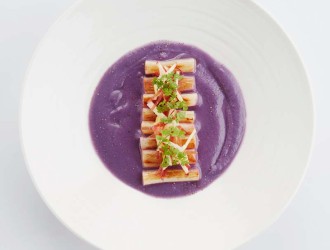 Red cabbage soup, sautéed salsify, chervil salad with grison meat