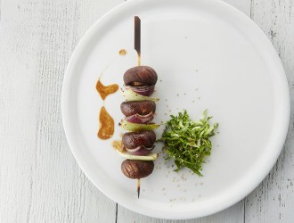 Skewer of Chestnut Mushrooms, Red Onion, and Pak Choi with Soy-Yuzu Dressing