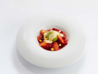 Sweetcorn sauce with spinach ice cream and blood orange