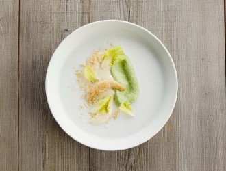 Lettuce Mousse with Almond Soup and Pan-Seared Chicken Tenderloins