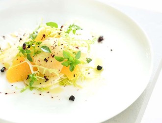 Crispy Yacon with Orange, Basil Pistou, Za’atar, Curly Lettuce & Blueberries