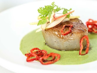 Glazed Yacon Steak with Pear, Chervil Sauce and Crispy Sweet Pepper Rings