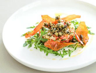 Yacon tartare with tomato, shallot & lime, served with capers, chives & rocket